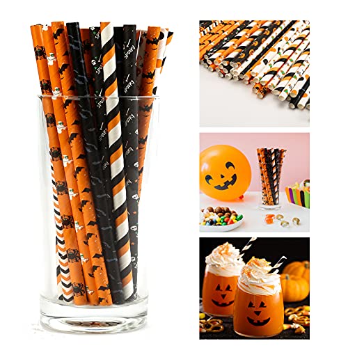 50pcs Halloween Paper Straws Party Cup Decorations - Black Orange Drinking Straws in Stripe/Ghost/Pumpkin Design for Party Drinks | Halloween Tableware Cocktail Accessories, Biodegradable (19.7cm)