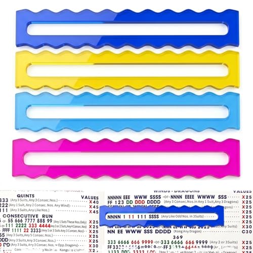MILAKE 4 Pcs 2026 Mahjong Line Finder, Durable Translucent Ruler for Mahjong Cards 2026, Bright Mah Jong Rules Reader and Strategy Guide for Enthusiasts, Beginners and Veterans (Wavy 4 Color)