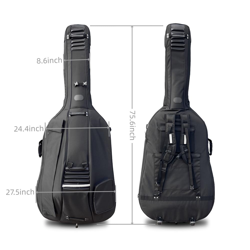 Borsa per Contrabbasso Verticale 3/4 con Ruote - Borsa per Contrabbasso in Tessuto Oxford con Fodera Spessa, Tasche Multiple con robuste Maniglie e Cinghie (Grigio) (Nero)