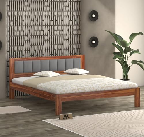 Image of Sheesham Wood Queen Size Bed Without Storage | Wooden Double Bed Cot Palang for Bedroom Furniture | Palang Double Bed for Hotels (DIY- Customer Side Self Assembly) 1 Year Warranty - Honey