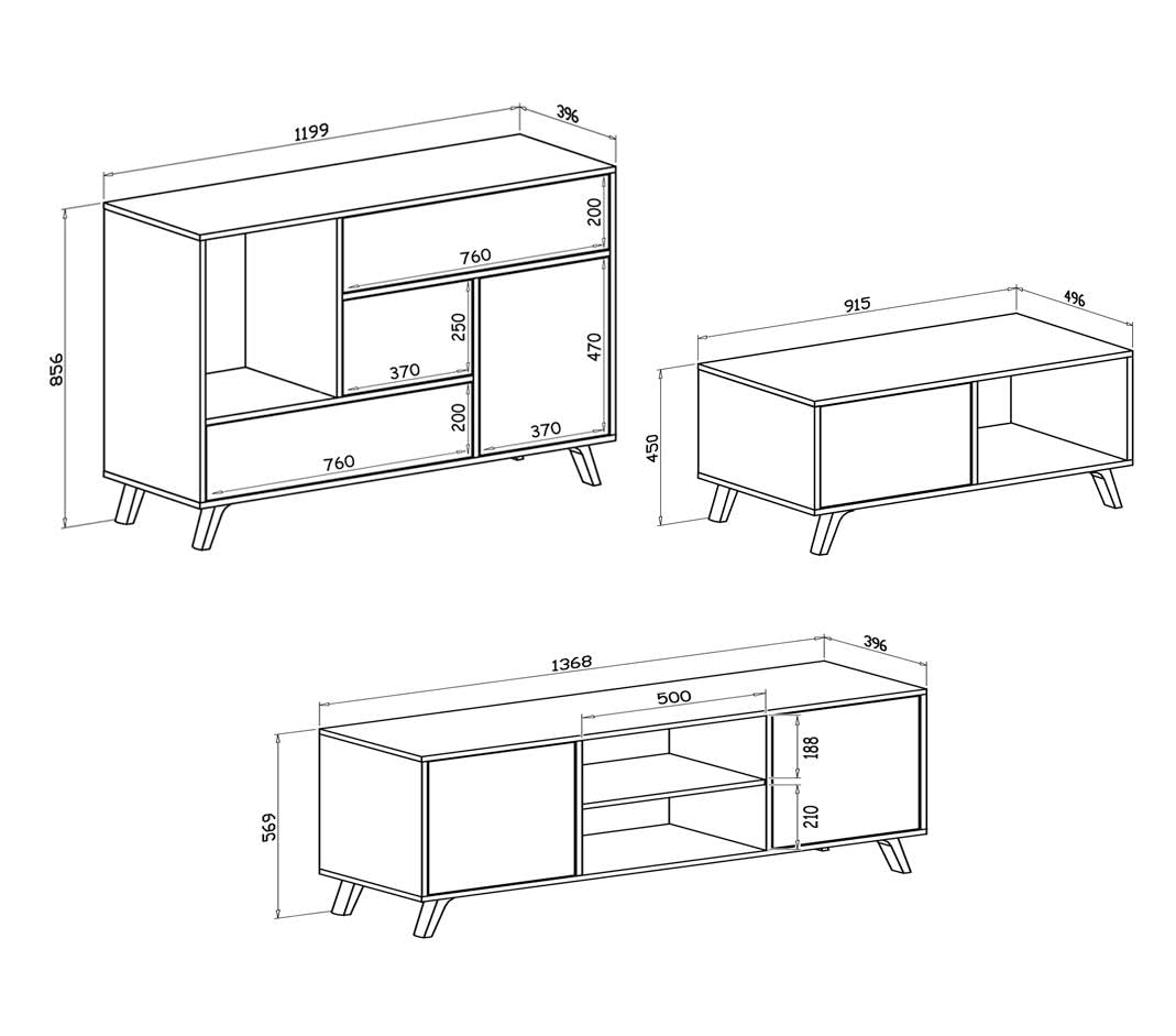 Skraut Home | Ensemble Buffet + Meuble TV + Table Basse pour Salon | Modèle Wind | Ensemble Salle à Manger | Structure Résistante | Montage Facile | Finition Blanc/Puccini