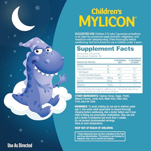 Image of MYLICON Tummy Relief + Sleep Gummies with Melatonin for Kids, Berry, 50 Ct | Nighttime gummies relieve occasional upset stomach & indigestion, plus melatonin for sleep, Ages 3-11, Mixed Berry Flavor