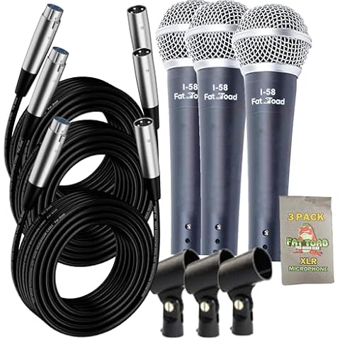 Fat Toad Dynamic Vocal Microphones with XLR Mic Cables & Clips (3 Pack) Cardioid Handheld, Unidirectional for Home Music Studio Recording, Live Stage Singing, DJ Karaoke | Pro Audio 20ft Mic Cord Cover