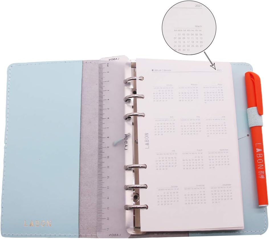Labon's 6 Round Ring Binder Hardcover Refills Planner for Monthly Weekly Daily Schedule / 2020 2021 2022 Calendar/Telephone & Address/Personal Memo 260 Pages Premium Thick Paper (A6, Light Blue)