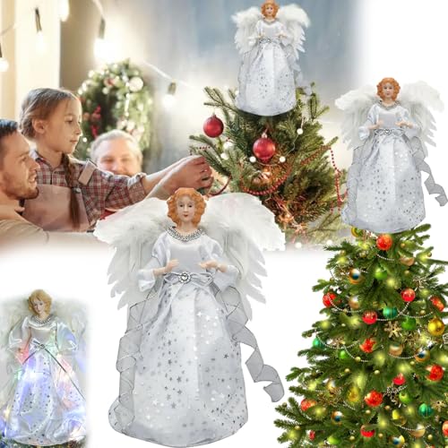 Cimier De Sapin De Noël, 32cm Ange en Dentelle pour Sapin De Noël Ange De Noël pour Sapin De Noël Décoration De Sapin De Noël LED Ange Lumineux Cimier De Sapin De Noël avec Lumière (A)