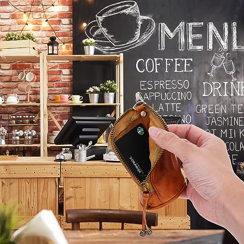 Vintage Genuine Leather Zipper Coin Purse, Medieval Cowhide Change Holder Coin Pouch Wallet Coin Organizer With Key Ring Little Travel Wallet for Men(Brown)4