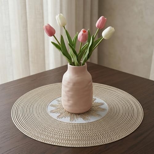Image of Yellow Weaves 2 Pcs PVC Hollow Woven Design Table Placemat, Dining Table Mat, Anti-Skid, Washable, Dining, Kitchen, Restaurant Table Set Easy to Clean, Durable (Hollow Golden)