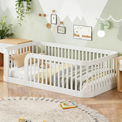 Image of Bellemave Twin Size Floor Bed Frame with High Fence,Solid Wood Kids Montessori Floor Bed Twin Size for Kids Girls Boys,Rounded Corner Design,White