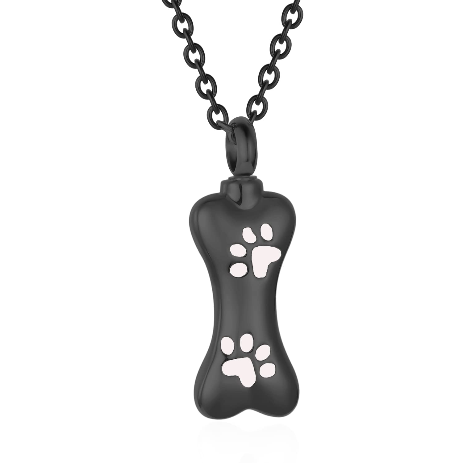 Custom Dog Bone Memorial Pendant Necklace with Paw Print, Stainless Steel Personalized Pet Cremation Jewelry Puppy Animal Urn Pendant Best Friends Friendship Pet Keepsake Gifts Dog Urn Necklace for Ashes for Dog Lovers (Black)