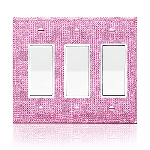 Image of Shiny Silver Pink Rhinestones Light Switch Cover Decorative Outlet Covers Wall Plate Triple Toggle Outlet Covers Wall Outlet Rhinestone Wall Plate Cover