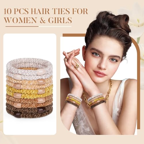 Image of FORENEE Braided Hair Ties No Damage, 10 Pcs Soft Plush Hair Bands for Women's Hair, Bracelet Hair Elastics & Ponytail Holders for Thick Hair - Terra Brown