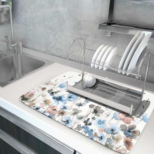 Giwawa Watercolor Floral Dish Drying Mat, 18"x24" Blue Grey Brown Flowers Kitchen Drainer Mats, Spring Summer Wildflower Microfiber Large Dish Drying Pad for Countertop Tabletop Decoration by Giwawa - Used condition - Image 5