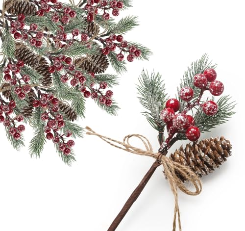 ilauke 12Pcs Christmas Picks and Sprays, 20cm Artificial Pine Branches Holly Stems and Red Berries Christmas Table Decorations, Artificial Pine Cones Stems for Wreaths, Mantelpiece, Festive Decor