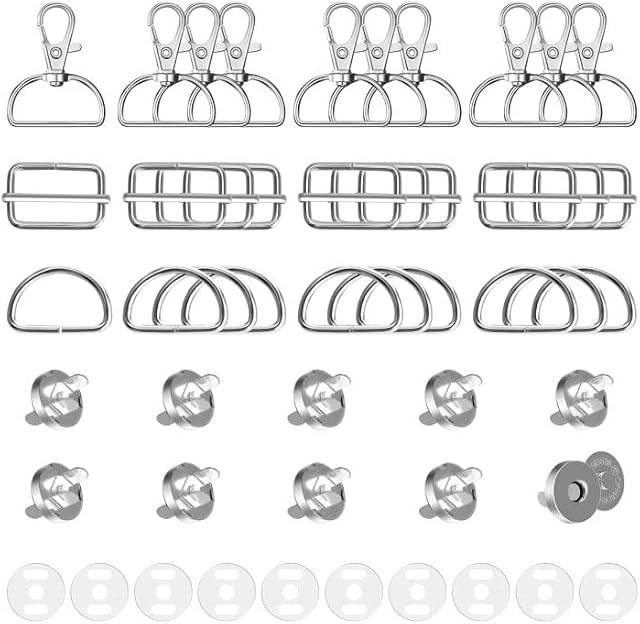 Ruicaifu 40 PCS Bag Strap Buckle, Silver D Rings 25mm Metal Swivel Snap Hooks Tri Glide Slide Buckle and Magnetic Buttons, Keychain Hook for Bags DIY Craft Sewing Dog Collars