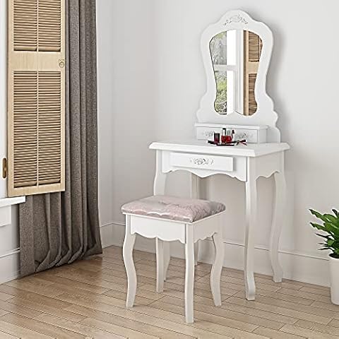 White Vanity Set with Stool and Drawers Cover