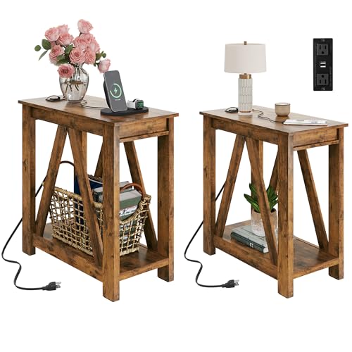 Image of WLIVE End Tables Living Room Set of 2 with Charging Station, Sofa Side Tables with Open Storage Shelf, Slim Farmhouse End Table Sets, Greige