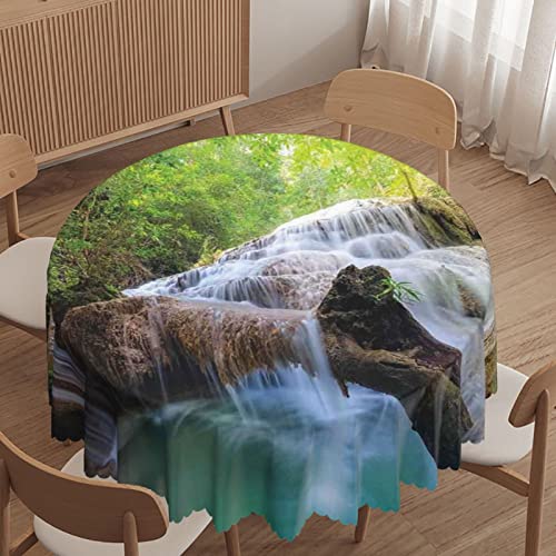 Waterfall Theme Round Tablecloth,60 Inch,Waterproof Fabric,Durable Reusable Table Clothes,Wipeable Spill Proof Wrinkle Resistant For Kitchen Dining Dinner Shower Parties,Pale Green Turquoise Brown #TOP14