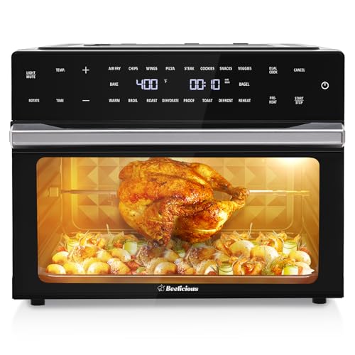 32QT Extra Large Air Fryer, 19-In-1 Air Fryer Toaster Oven Combo with Rotisserie and Dehydrator, Digital Convection Oven Countertop Airfryer Fit 13″ Pizza, 6 Accessories, 1800w (Black)