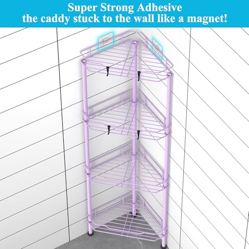 Image of HuggieGems Metal Floor Standing Corner Shower Caddy, Light Purple, 4 Tier | Adhesive Bathroom Organizer Shelves, Free Standing Shower Rack with Hooks, Hold Large Shampoo Bottles