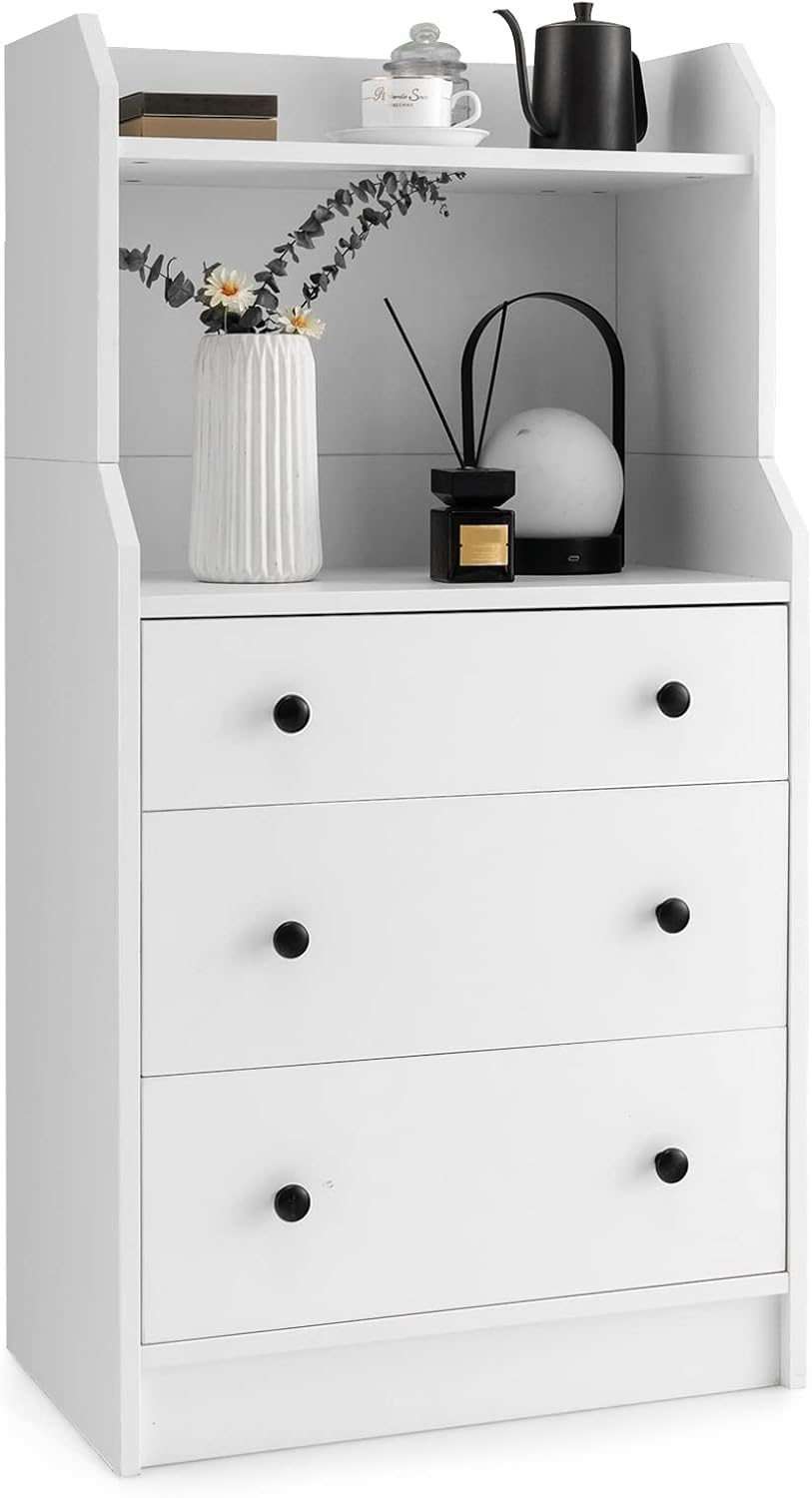 LOKO 3 Drawers Dresser with Shelves, Tall Nightstand with 2 Open Shelves, Modern Chest of Drawers with Anti-Toppling Device, Utility Storage Dresser for Living Room, Bedroom, Closet, Entryway (White)