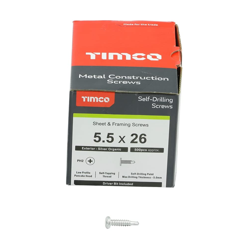 Timco Silver 5.5Mm X 26Mm Low Profile Pancake/ Pan Head Phillips Self Drilling Screws, 500 Pack