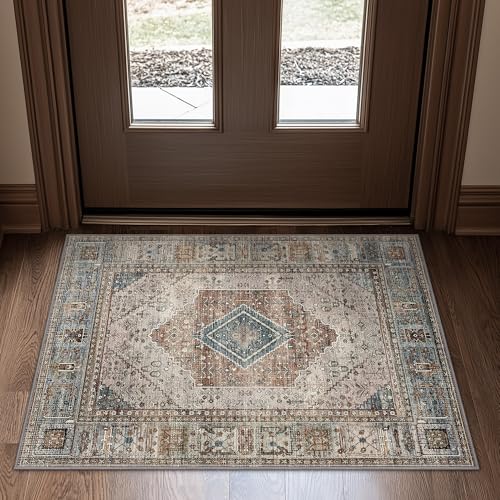 GENIMO 2x3 Non Slip Area Rug Doormat, Machine Washable & Low Pile, Vintage Small Lightweight Rugs for Entryway, Hallway, Kitchen, Bathroom and Bedroom, Blue Gray
