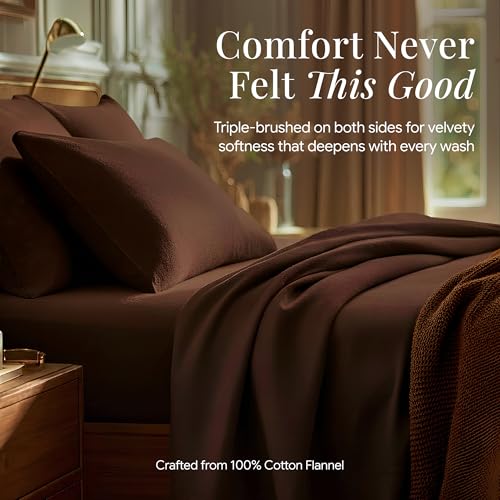 Image of Tribeca Living King Cotton Flannel Flat Sheet Only 170-GSM - Oversized 112 x 106 Inch Dimensions for Generous Bed Coverage - Soft Breathable Bedding in Chocolate