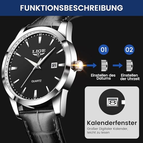 LIGE Herren Uhren Wasserdicht Quarz Armbanduhren Für Herren Männer Uhr Mit Datum Lederarmband Retro Business Men's Watches – Bild 5