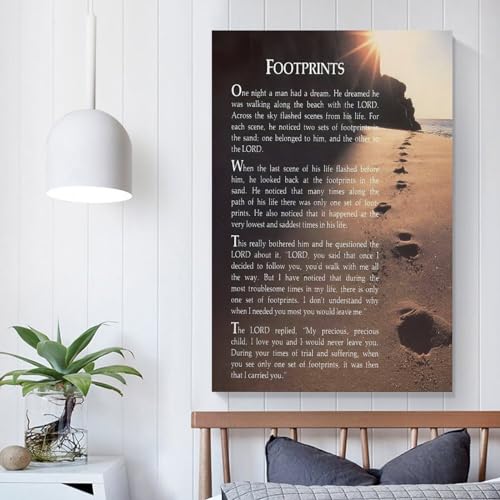 Usoway Footprints In The Sand Motivational Christian Poem Wall Art Canvas Bedroom Painting Home Decor Pictures Artworks Posters UnFramed-2,16x24inch(40x60cm)