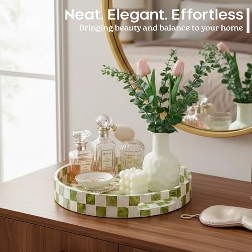CHI AN HOME 12.6" Round Decorative Tray with Handles, Checkered Capiz Mother of Pearl Serving Tray for Coffee Table, Kitchen Counter, or Bathroom (Pistachio Green and White) by Chi An Home - Image 5