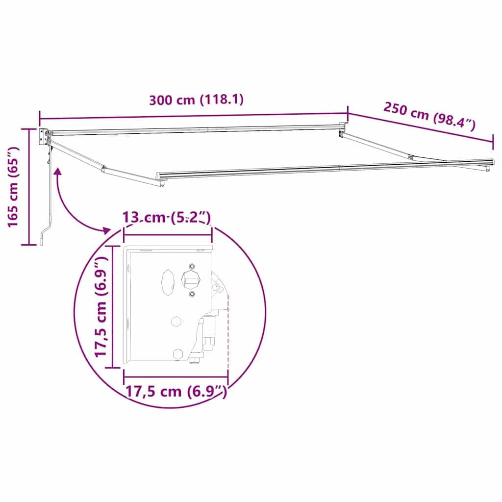 Wysuwana markiza zielono-biała, 300 x 250 x 165 cm, na balkon, taras, do ogrodu, z wodoodpornego materiału, ochrona przed promieniowaniem UV, odporna na wiatr rama i łatwy montaż na ścianie