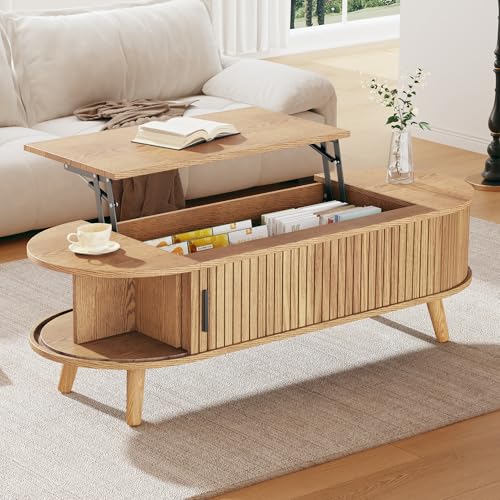 Image of Merax Lift-Up Oval Coffee Table with Hidden Storage, Adjustable Height Sofa Side Table, End Table for Living Room, Bedroom, Reception, Natural Wood, 120x50x39.5cm