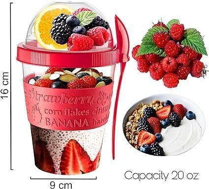 Pro Home Yogurt Pot With Spoon 20oz/600ml Bpa Free Reusable Airtight Dishwasher Safe On The Go Yoghurt Pots With Lids Museli Cereal Cup Containers Overnight Oats Jar Storage (Red) - Image 2