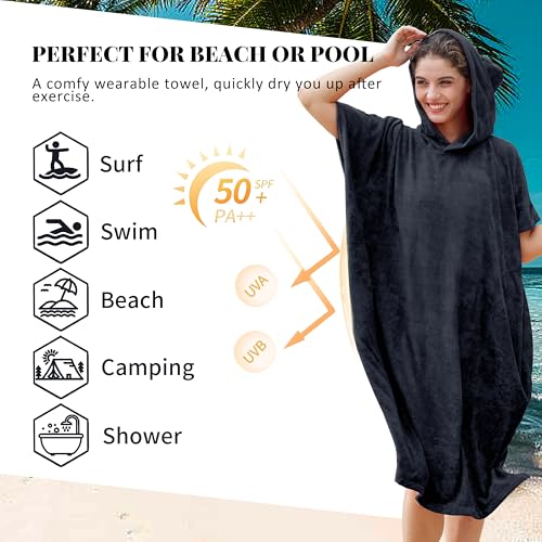Catalonia Absorbent Surf Poncho Men Women, Quick Dry Towel Changing Poncho, Hooded Towel Robe Adult, Beach Surfing Swimming, Black