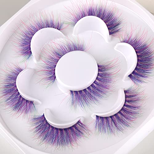 JIMIRE Colored False Eyelashes 6D Purple Rainbow Mixed Fluffy Lashes Pack 18MM Volume Wispy Fake Lashes for Cosplay Costume Makeup 4 Pair