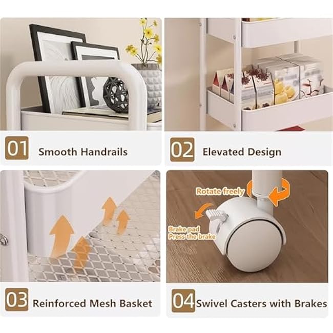 3-Tier Rolling Utility Cart with Handle,Movable Storage Organizer with Wheels,Multi-Functional Storage Trolley for Office Living Room Kitchen(White,4tier)-BDbiCKkF
