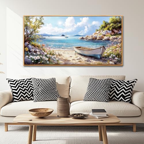 PHAOHUAXM Large Canvas Wall Art For Living Room Wall Decor For Bedroom Office Decor Print Marine Landscape Paintings Artwork Modern Stretched and Framed Beach Posters Home Decor 30"X60" Wood Framed