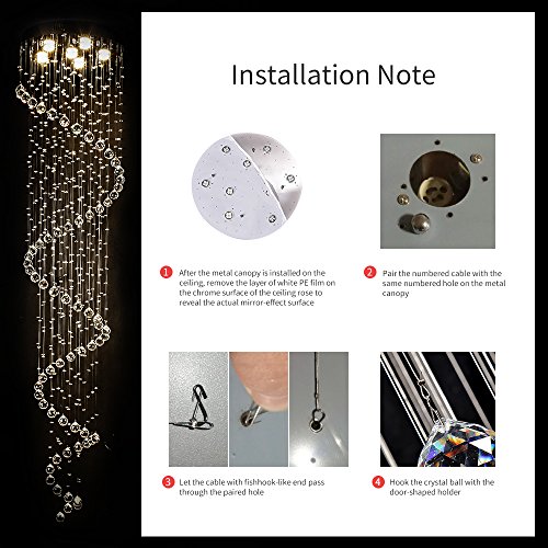 SEFINN FOUR Modern Crystal Chandelier Spiral Design 6 Light Crystal High Ceiling Pendant Light Chandelier for Living Room Hotel Stairs Foyer Entryway Height 87 inch Flush Mount Diameter 20 inch - Image 5