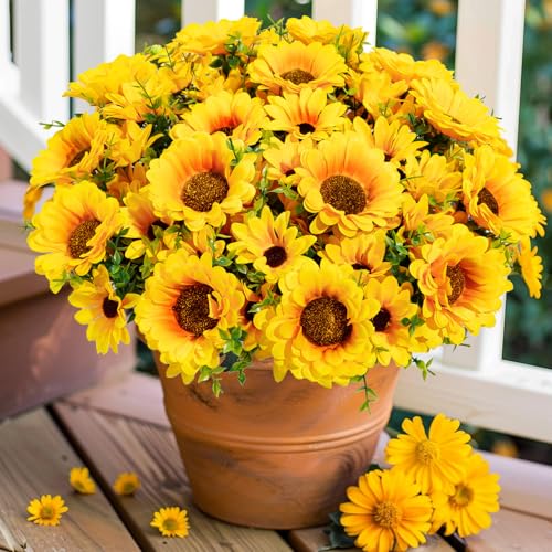 FOUSUKA Artificial Sunflowers for Outdoors 10 Bundles Fake Silk Sunflowers with Eucalyptus Leaves UV Resistant for Home Outside Front Door Porch Planters Garden Balcony Yard Patio Wedding Party Decor