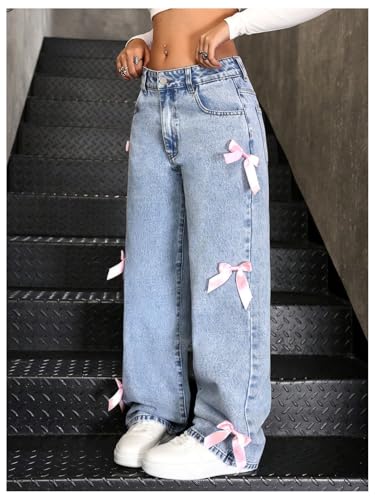 SOLY HUX Girl's Y2k Bow Jeans Cute Straight Leg Mid Waist Casual Denim Pants2