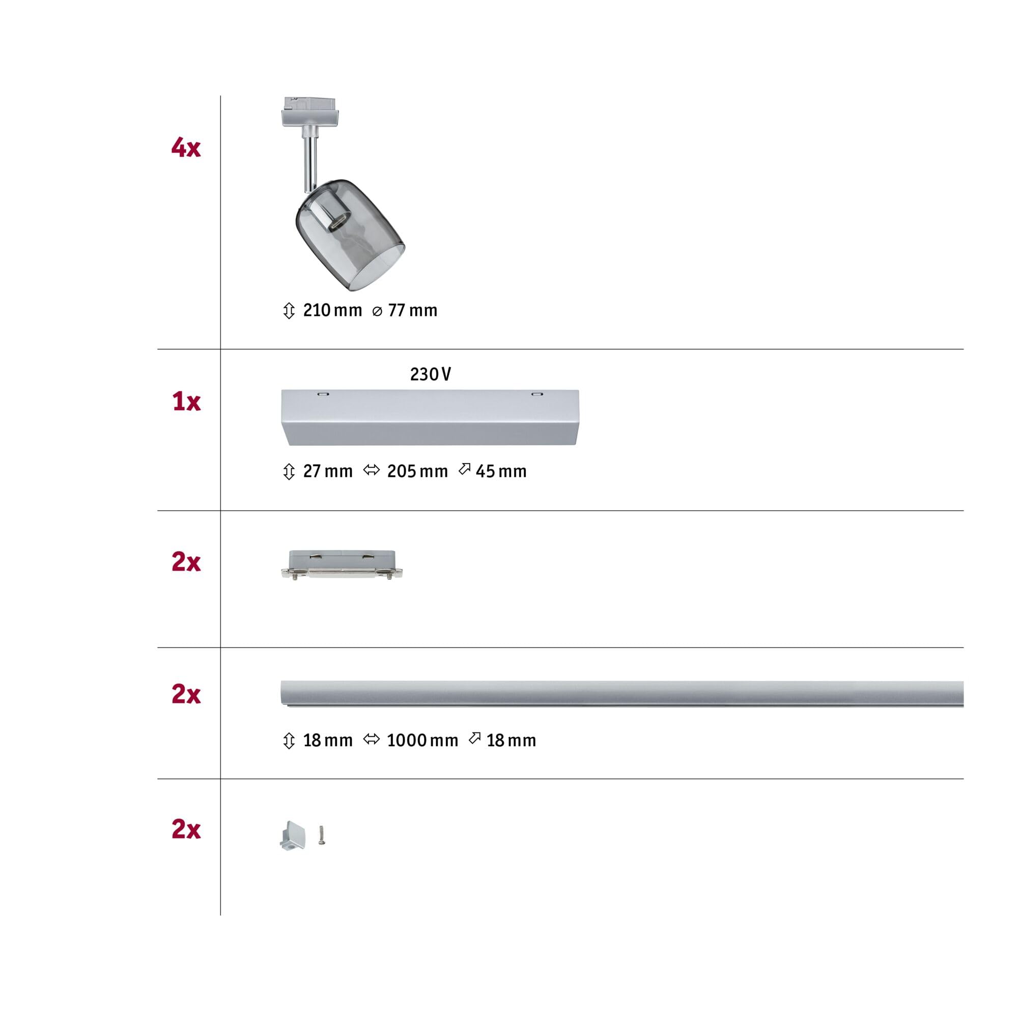 Paulmann 96899 Kit système rails URail Blossom max. 4x10 watts Rail lumineux Chrome mat, Chrome, Verre fumé Éclairage de plafond Métal, plastique Rail de plafond G9