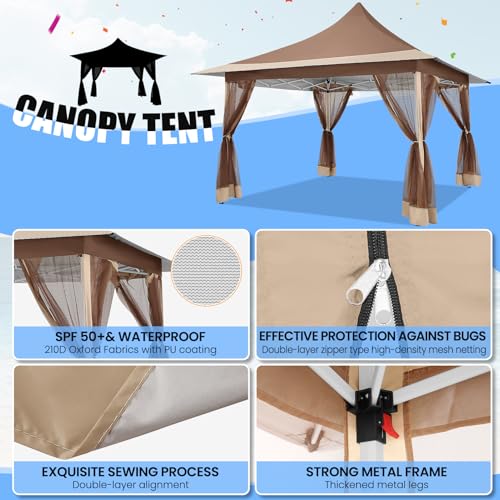 Image of COBIZI 12x12 Pop up Canopy Gazebo on Clearance, Outdoor Canopy Tent with Mosquito Netting & Waterproof Roof & Sandbags & Carrying Bag,Patio Portable Gazebo for Garden,for Backyard,Brown