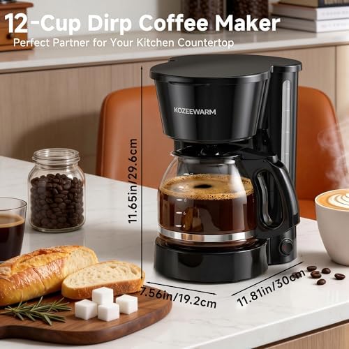 KOZZEWARM Coffee Maker, 12 Cup Drip Coffee Machine with Glass Carafe and Dry-boil&Overheat Protection for Travel Camping RV Office
