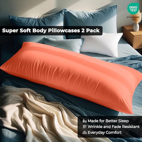 Image of ROYALE LINENS Body Pillow Cover - Double Brushed 1800 Microfiber - 20 inchx54 inch with Hidden Zipper Closure - Wrinkle & Fade Resistant - Super Soft Body Pillowcase 2 Pack (Coral, Pack of 2)