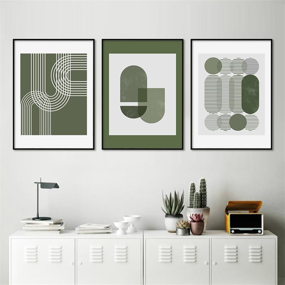 WBYZAC 3 Pictures Set-Modern Geometric Line Green Posters Canvas Painting Wall Art Print Pictures for Bedroom Living Kitchen Office Room Interior Home Decoration-40 * 50cm/16 * 20inch (Unframed)