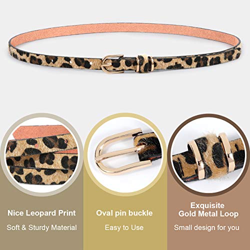JASGOOD Women's Skinny PU Leather Belt Solid Color Leopard Fashion Thin Waist Belt with Gold Buckle for Jeans Pants 1/2 Width Set of 63