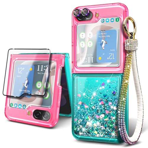 NGB Supremacy Case for Samsung Galaxy Z Flip 5 (5G 2023) with Tempered Glass Screen Protector/Camera Lens Protector/Diamond Wrist Strap Lanyard, Glitter Liquid Floating Cute Case (Pink/Aqua)