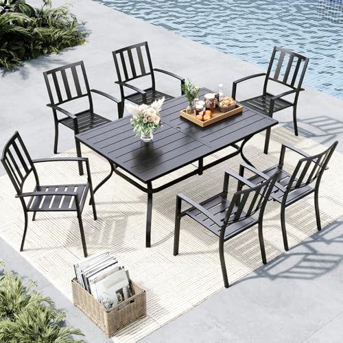 MFSTUDIO Outdoor Dining Set for 6, Patio Table and Chairs Set with Umbrella Hole, 7 Piece Metal Patio Furniture Set for Deck Backyard Poolside Garden