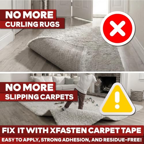 Image of XFasten Double Sided Carpet Tape for Area Rugs, 2 Inch x 30 Yards - Heavy Duty Anti Slip Rug Grip Tape, Works as Rug Grippers, Residue Free, Wood Safe, Easy Removal for Hardwood and Laminated Floors