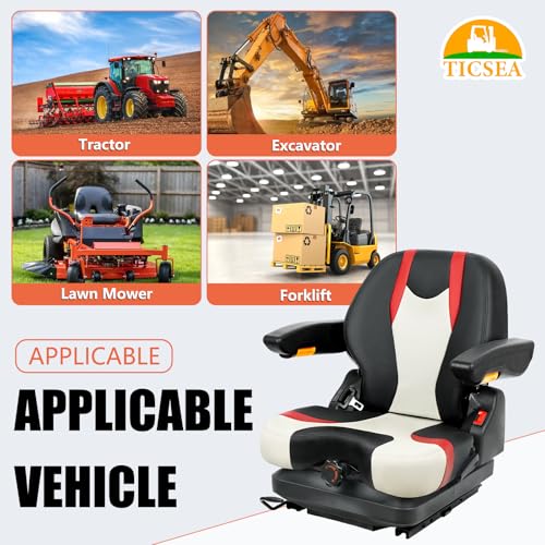 Tractor Suspension Seat, Highback Low Mower Seat, Adjustable Backrest and Slide Rails, Armrests Shock Absorber Heavy Duty Seat for Toro Forklift Mower Excavator Harvester